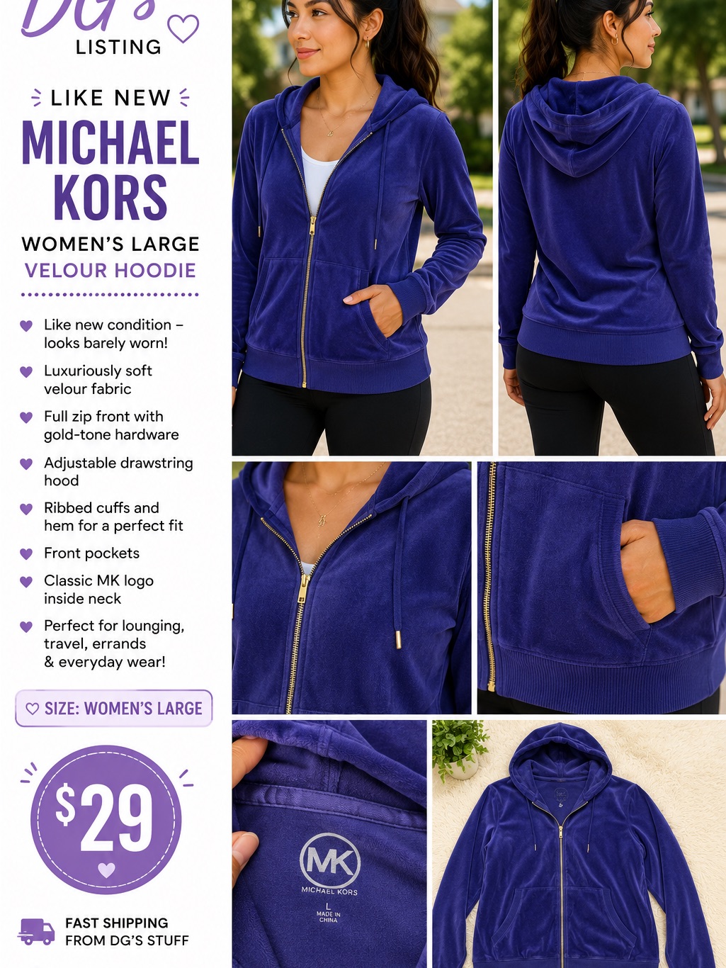 Michael Kors Velvet Velour Zip Hoodie In Deep Purple-Blue